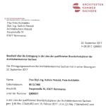 Aufnahme in Liste der qualifizierten Brandschutzplaner der Architektenkammer Sachsen